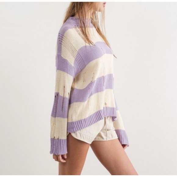 PAPER MOON Womens Purple Ivory Distressed Knit Crew neck‎ Sweater Oversized Sz S - Picture 4 of 9
